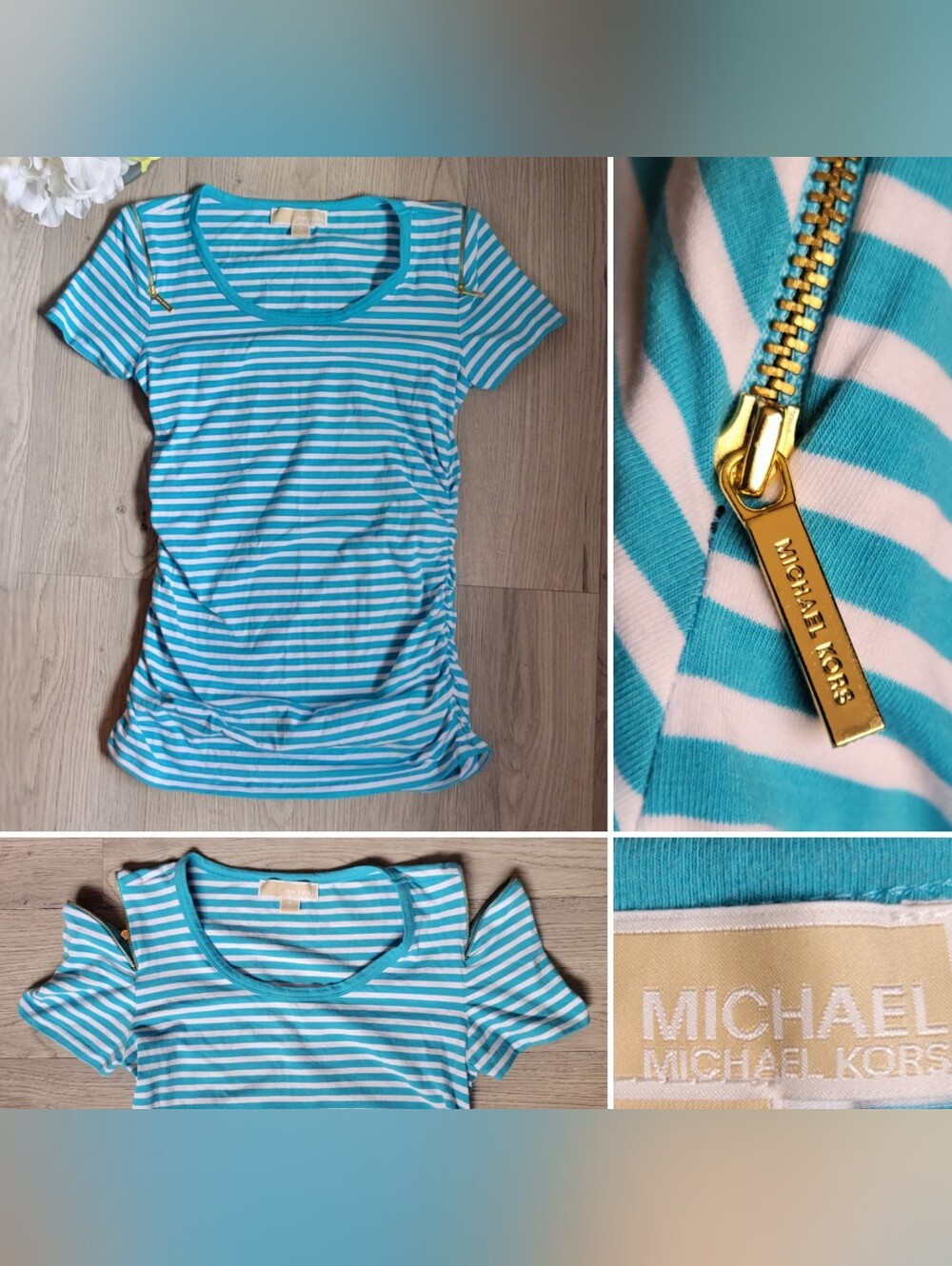 Michael Kors Zipper Sleeve Scoop Neck Ruched Aqua & White Striped T-Shirt, Small